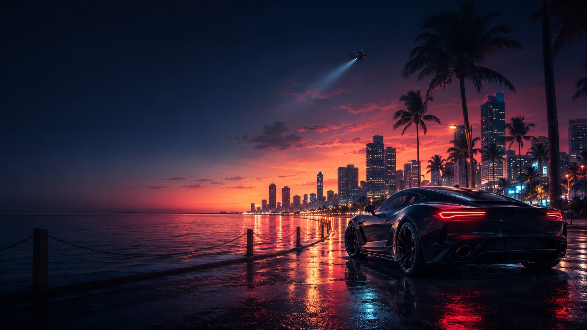 Neon skyline of Palm6 Bay at dusk