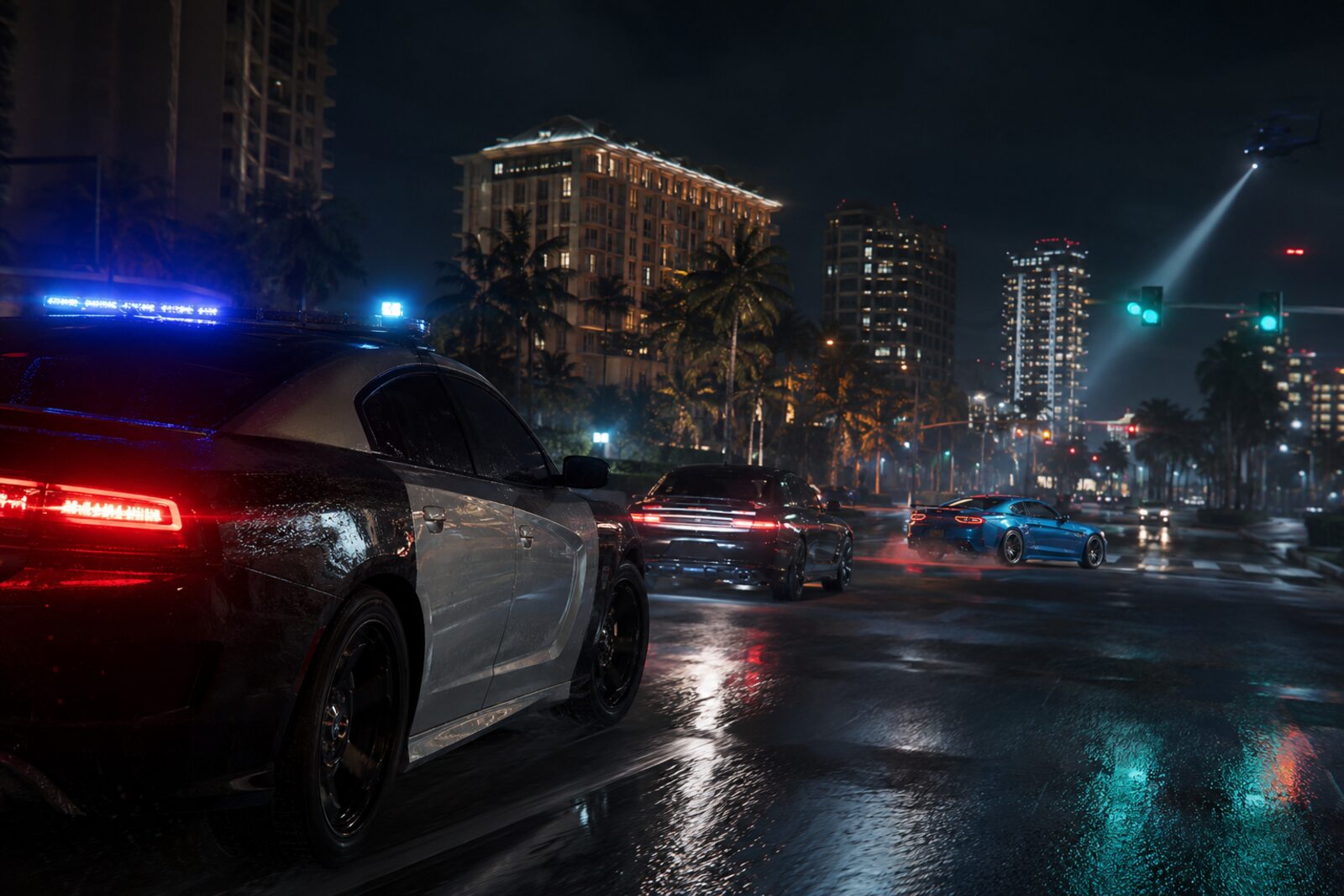 A police pursuit moving through rain-lit Palm6 Bay at night.