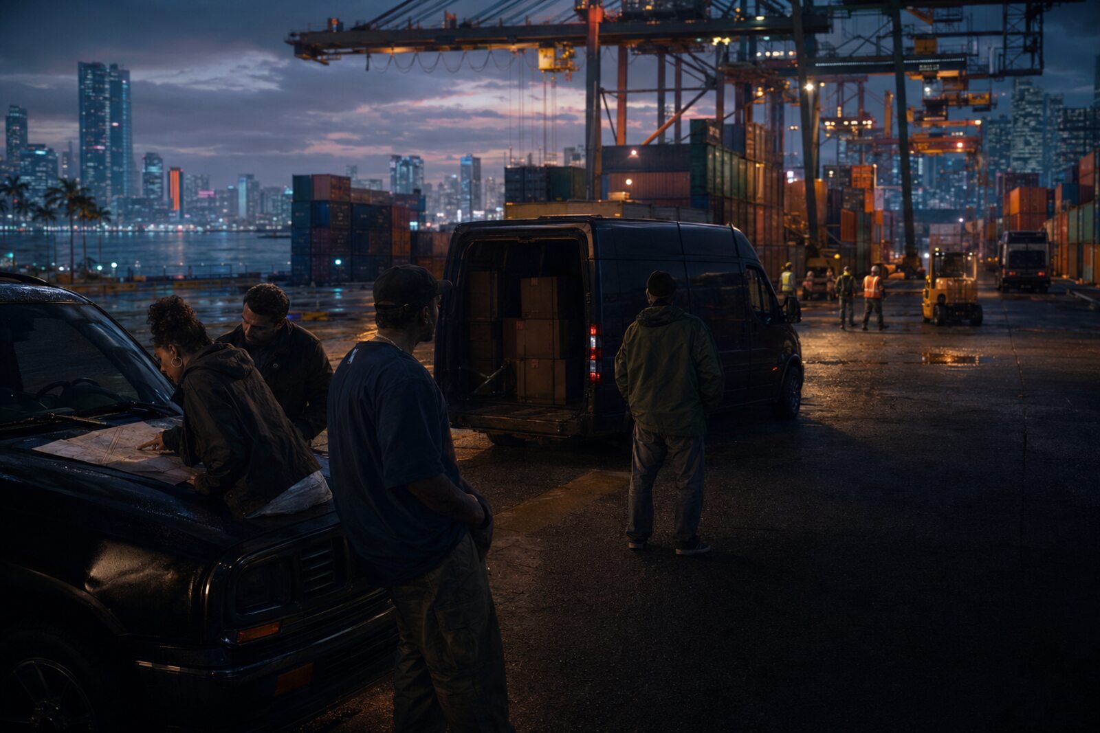 A crew studying a route beside vehicles at the Palm6 Bay container port.