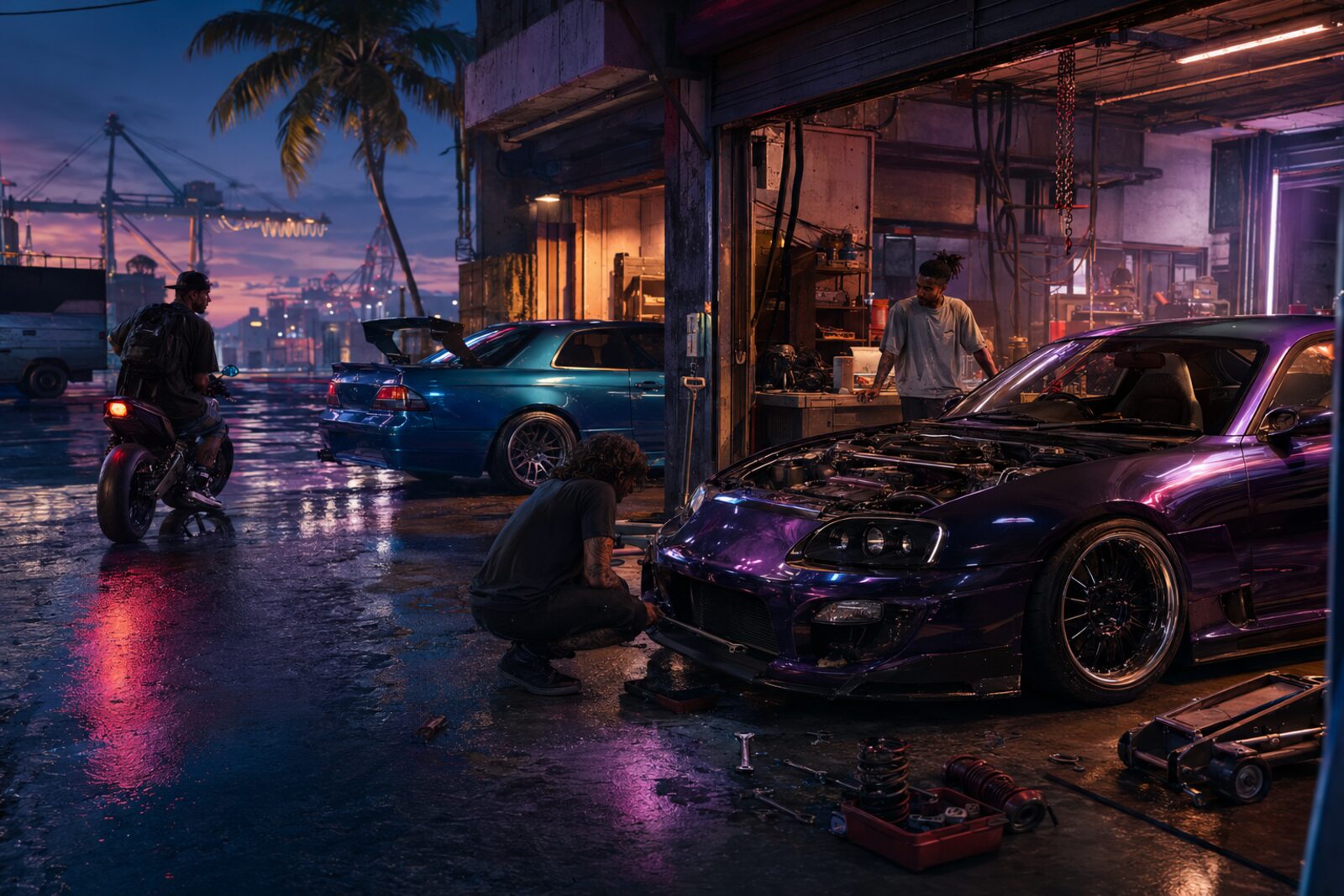 A Palm6 Bay crew working on custom cars in a port-district garage.